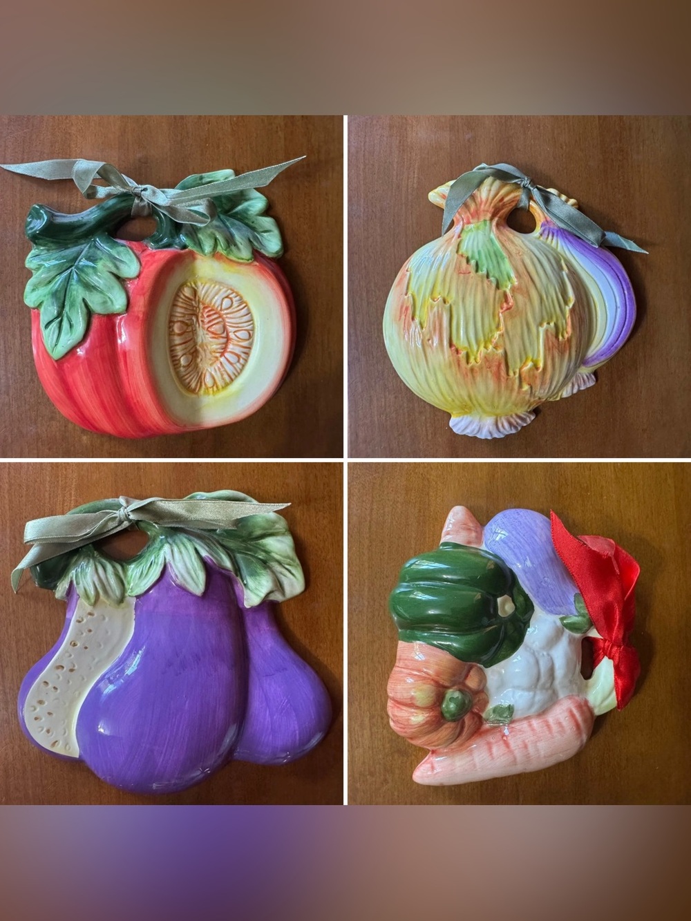 Vintage Ceramic Fruit Wall Plaques - Pumpkin, Onion, Eggplant, Mixed Produce
